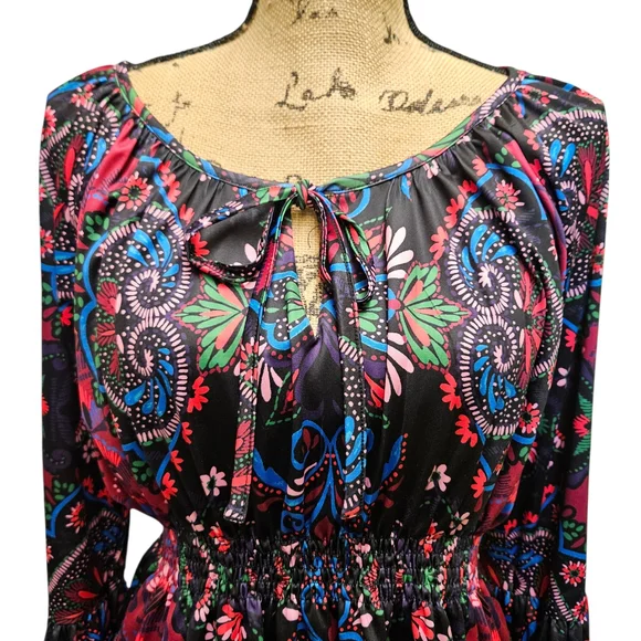 Boston Proper Vibrant Boho Floral Long Sleeve Blouse Bell Cuffs - Picture 5 of 13